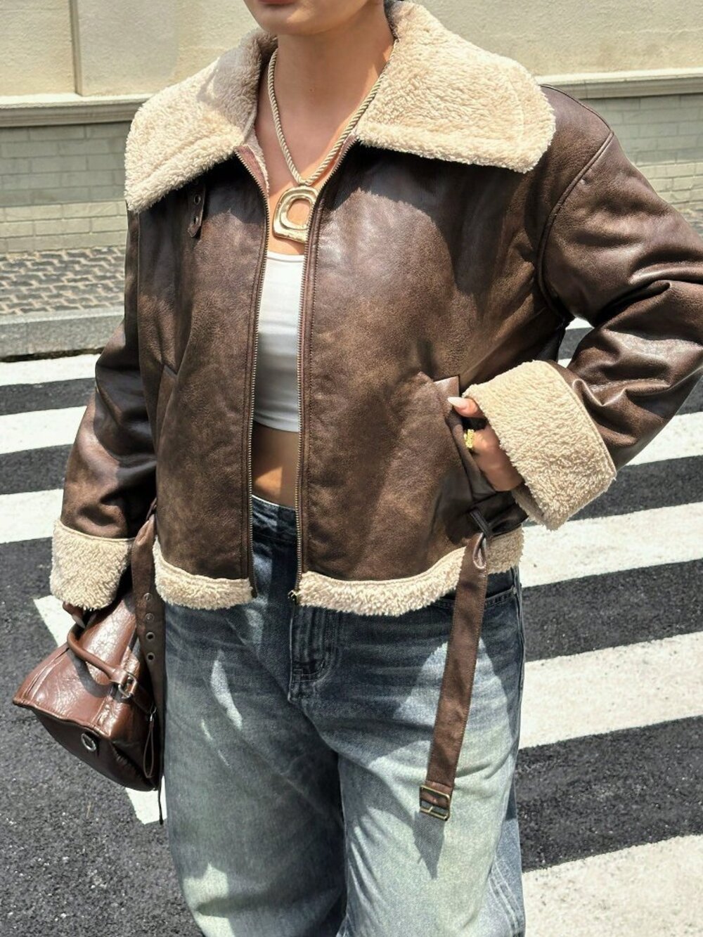 Brown Casual Women's Loose Zipper Front Shearling Leather Jacket - Picture 4 of 7